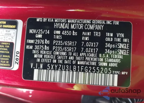 2015 Hyundai Santa Fe Sport 2.4L z USA, uszkodzony, nr VIN 5XYZU3LB1FG255205